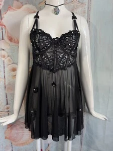 Avidlove Lingerie Lace Babydoll Chemise V Neck Underwire Nightgown SZ S BLACK - Picture 1 of 11
