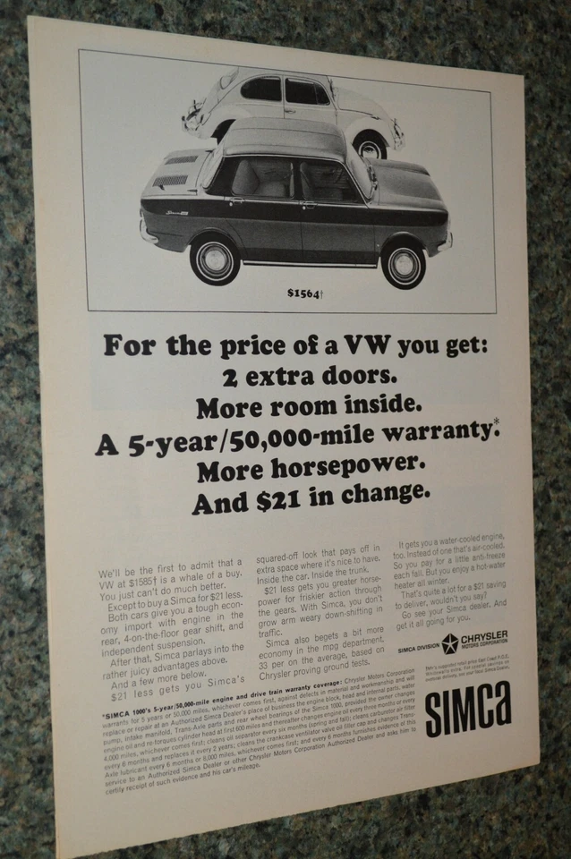 SIMCA 1000 1966/VW Beetle anuncio original impreso anuncio 66 Foto 1 de 1