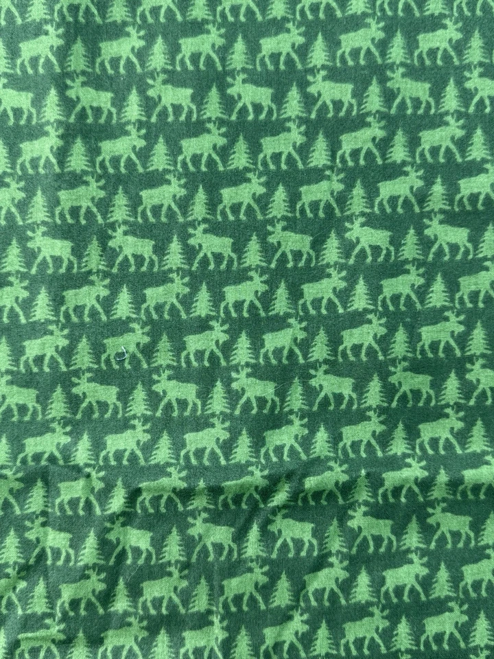 Christmas Fabric By The Yard Green Moose & Pine Trees on Dk Green Cotton 2 Yards - Image 1 of 3
