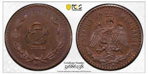 1915 MEXICO 2 CENTAVOS COPPER COIN PCGS MS63BN, 20mm - Picture 1 of 2