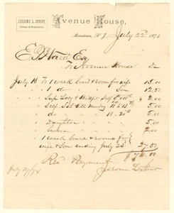 1874 Avenue House Morristown NJ Hotel Billhead Jerome L Stout Signed Receipt - Picture 1 of 1