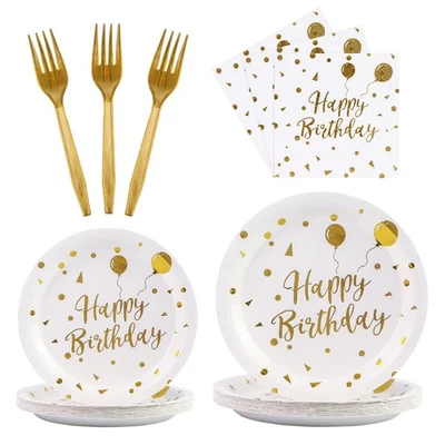 96 PIEZAS Platos y Servilletas Feliz Cumpleaños Suministros de Fiesta, Blanco y Dorado Dispos... Foto 1 de 4