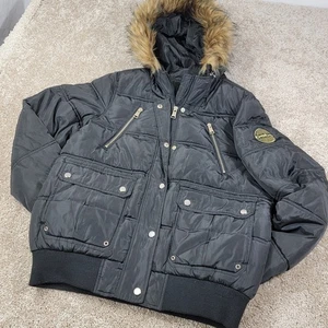 Bebe Black Puffer Jacket Faux Fur Hooded Winter Coat Studded Logo Bomber Small - Picture 1 of 9
