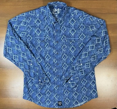 Camisa Western Wrangler Rock 47 Pearl Snap Para Hombres XL Azul Geométrico Vaquero Foto 1 de 4
