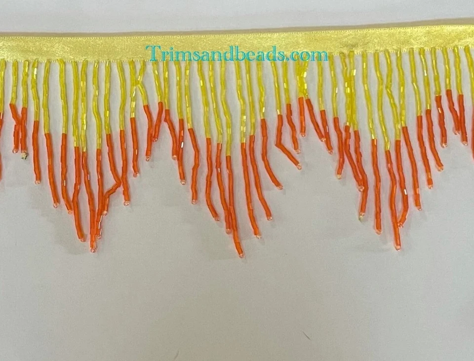3" YELLOW/ORANGE Glass BUGLE Bead CHEVRON Ombre Beaded Fringe Trim Variegated - Image 1 of 1