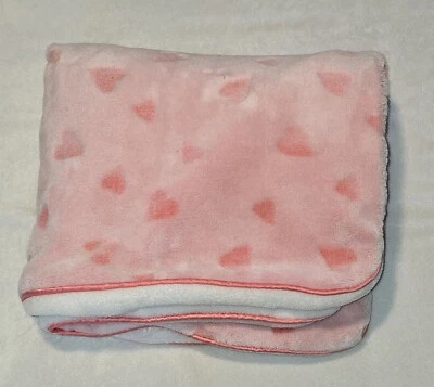 Carters Peach Pink Embossed Heart Plush Baby Blanket Satin Trim White Thick - Image 1 of 3