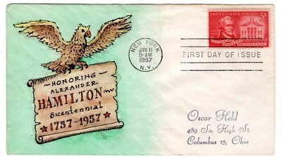 #1086 Alexander Hamilton Bicentennial 1957 FDC -  Herman Maul Hand-Painted - Image 1 of 2
