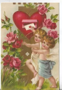 Vtg REPRO Valentine Card 4x6 Two Cupids Mailing Letter in Heart Pink Roses - Picture 1 of 2