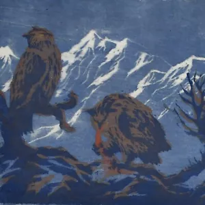 Raubvögel Gebirge Farbholzschnitt auf Japanpapier Schuhmacher signiert 1921 - Bild 1 von 4