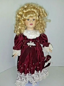 Viktorianische Porzellanpuppe 16 Zoll weinrot Kleid und Tasche VD832 - Bild 1 von 3