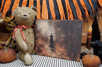 STEAMPUNK PRIMITIVE VINTAGE GOTHIC STYLE HALLOWEEN WITCH WALKS IN WOODS SIGN - Image 1 of 4