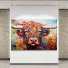 Landscape Paint Splash Frolocking Highland Cow Canvas Wall Art Pinting Picture