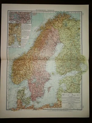 DOUBLE-PAGE MAP- SCANDINAVIA ,PAGE 111-112 , ANDREE GREAT WORLD ATLAS- 1914 - Image 1 of 2