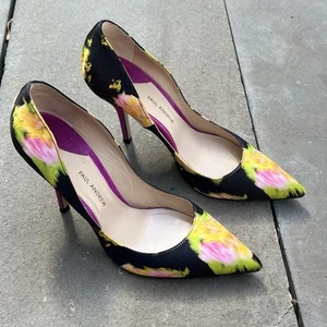 Paul Andrew Shoes Womens 38 Black Floral Satin Purple Suede High Heel Pumps - Picture 1 of 7