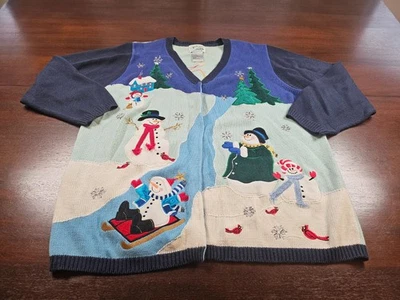 Quacker Factory Cardigan Sweater Snowman Christmas Tree Holiday Winter Theme 1X - Image 1 of 4