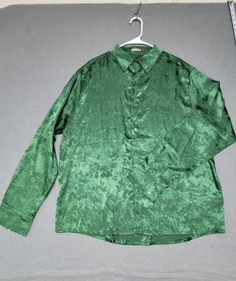 ZEROYAA Men's XXL Green Satin Floral Jacquard Long Sleeve Button-up Dress Shirt - Image 1 of 4