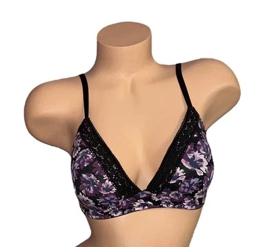 Sujetador inalámbrico Jessica Simpson púrpura floral sedoso suave forrado de nailon para mujer 34C Foto 1 de 4