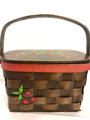 De colección Pintado a Mano FIRMADO Apple Tree Arte Madera Cesta Cartera Bisagras Superior Costura Años 70 Foto 1 de 4