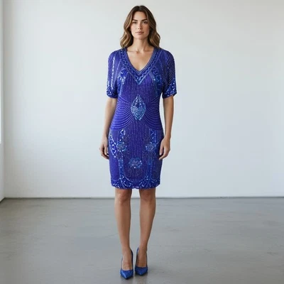 复古 80 年代蓝色亮片迷你连衣裙 4 码串珠丝绸紧身镂空假日 — 第 1/4 张图片