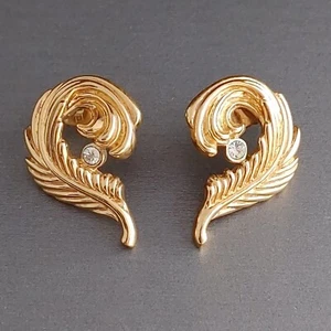 Vintage AVON 1990 Precious Plume Earrings Curled Feather Rhinestone Pierced Post - Picture 1 of 4