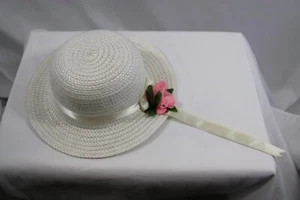 Vintage Girls Hat White With White Ribbons and Pink Flowers Straw Hat Style - Picture 1 of 15
