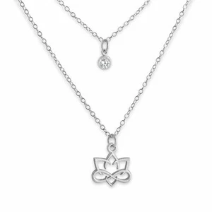 Azaggi 925 Sterling Silver Necklace Cubic Zirconia Stone Lotus Flower Pendant - Picture 1 of 9