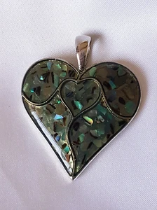 Pendant ~ Heart ~ Abalone Shell Mosaic ~ Silver Tone Metal - Picture 1 of 8