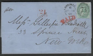 (FP) GB 1858 Cover 1/- Sc 28 London to New York, Red 21 CENTS / PAID H/S - Picture 1 of 3