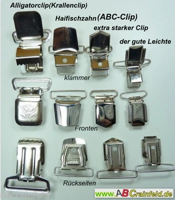 BITTE OBEN AUSWÄHLEN Hosenträgerclips extra stark Krallenklip Krokodilklip ABC-Clip Blitzversand