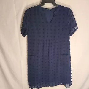NEW MIHOLL Women’s V Neck Short Sleeve Ruffle Loose Summer Mini Blue Dress Sz M - Picture 1 of 3