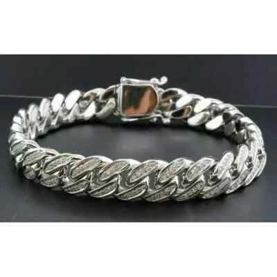 9Ct Rd Cut Lab Created Diam Men's Cuban Link Chain 8" Bracelet 14k WhGold Plated - Image 1 of 3