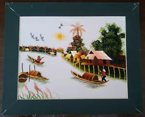 Arte detallado a punta de aguja Asian Hut Village River Boat 11 3/4 x 9 1/2 pulgadas - Imagen 1 de 6