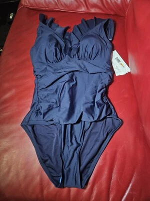 DKNY Women's One Piece Ruffle V-Neck Bathing Suit Size S NEW Navy Blue - Image 1 of 4