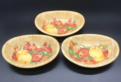 3 Vtg Retro Bamboo Woven Oval Pomerantz Snack Salad Bowls Painted Fruit Image - Image 1 of 4