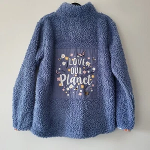 FatFace Zip Up Blue Fleece Jumper Age 9-10 Flower And Bees, 'Love Our Planet' - Picture 1 of 9