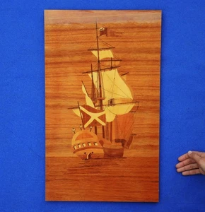 Old Big SAILING SHIP/Inlaid WOOD PLAQUE Handmade MARQUETRY/Vintage USSR 24"=61cm - Picture 1 of 6