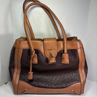 London Fog Lark Ostrich-Embossed Faux Leather Dome Satchel Purse Brown/Tan - Image 1 of 4