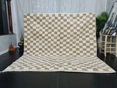 Authentic Moroccan Handmade Beni Ourain Rug Berber Wool Checked Brown Rug 9x15 - Image 1 of 4