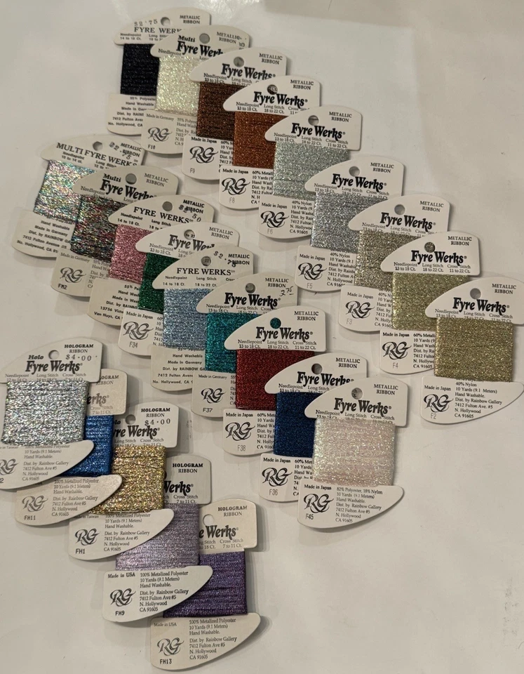 Rainbow Gallery FRYE WORKS Metallic & Hologram Ribbon Lot Of 23 Thread Cards-NOS - Image 1 of 2