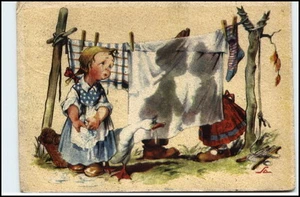 Kinder Motiv-AK ~1955 Mädchen Wäsche aufhängen Gans Socken Wäsche Humor-AK - Picture 1 of 1
