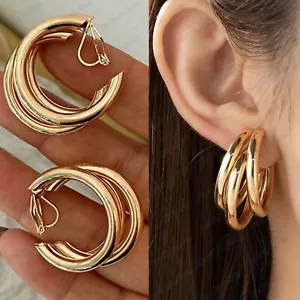 CLIP ON 3cm big GOLD FASHION chunky tube TRIPLE HOOP RETRO metal HOOP EARRINGS - Picture 1 of 3