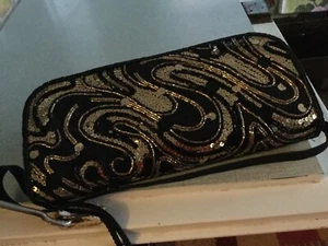 Original vintage 1960/70 evening cocktail handbag,black ,gold sequins ( crepe) - Picture 1 of 7