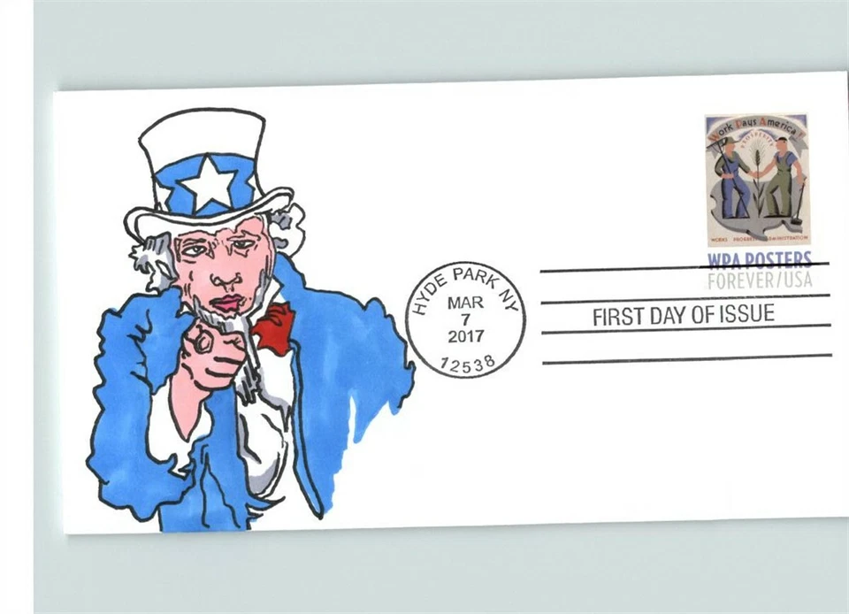 Hand Painted UNCLE SAM on 2017 World War II Patriotic Poster First Day of Issue  - Image 1 of 1