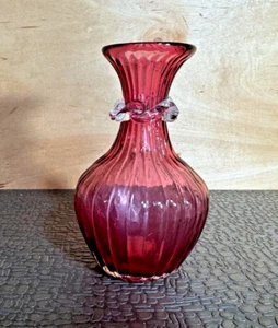 Pilgrim Cranberry Glass Bud Vase,Fluted Rim Clear Collar, Exquisitely Hand Blown - Picture 1 of 7