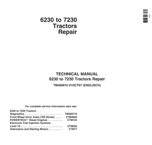 John Deere 6230 6330 6430 7130 7230 Tractor Technical Service Manual -  TM400819 - Picture 1 of 6