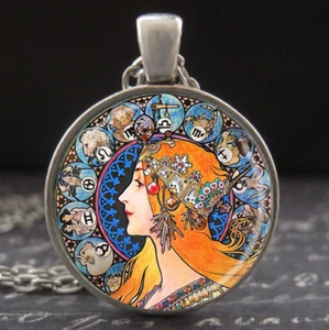 Art Nouveau Zodiac Necklace Vintage Alphonse Mucha Art Pendant Silver Jewelry - Picture 1 of 3