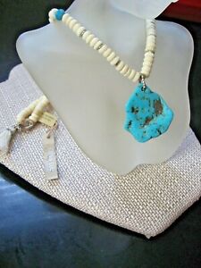 Chan Luu Necklace Turquoise Large Pendant w Silver & Ivory Shell Beads NWT $295