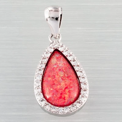 15x9mm Pear Red Fire Opal Cabochon CZ Silver Jewelry Necklace Pendant - Image 1 of 4