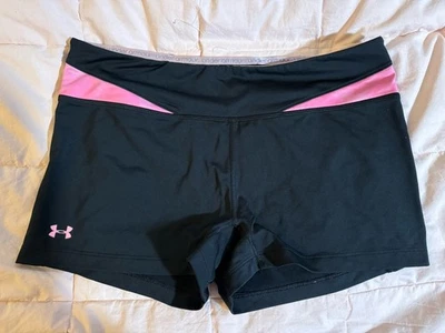 Women Sz L Pink & Black Under Armour Heat Gear Spandex Fitness Fitted Shorts - Image 1 of 3