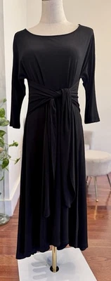 Sz M Vintage Black Jersey Wrap Tie Belt Witchy Elbow Sleeves Stretch Long Dress - Image 1 of 4
